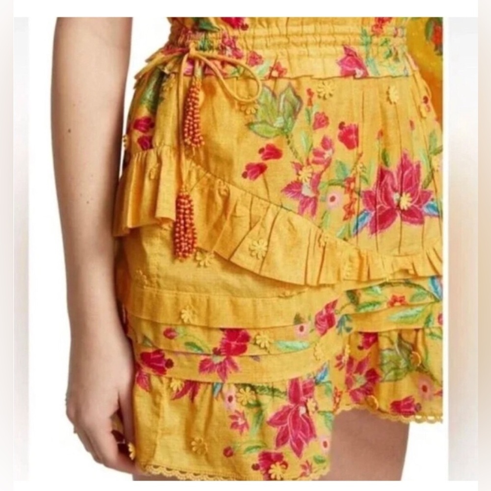 FARM Rio Women’s XS Burnt Yellow "Flower Dream" Tiered Floral Cotton Mini-Skirt - Picture 3 of 9